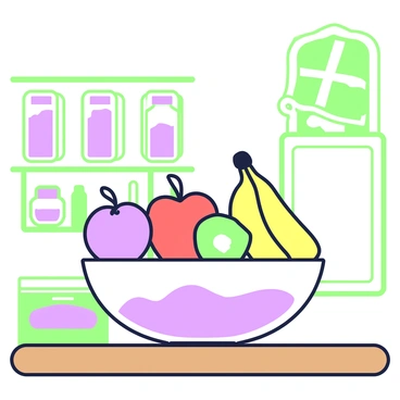 A bowl is placed on a kitchen counter, filled with various ripe fruits. The fruits include a round purple grape, a yellow banana, a crimson red apple, and a green kiwi. The bowl itself is made of glass with a round shape, resting on a wooden countertop. In the background, there is a spice rack with several jars, and a window is partially open, allowing natural light to illuminate the scene.