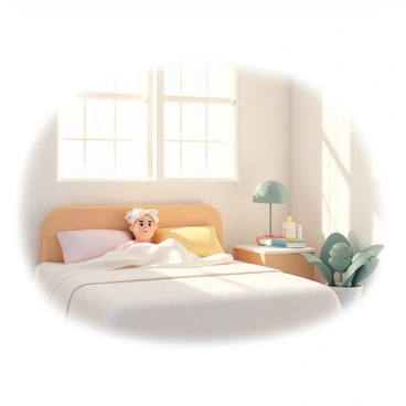 A cozy bedroom with soft, warm colors. A person is sitting up in bed, their hair slightly tousled, as they wake up. Sunlight streams through a large window, casting soft rays across the room. The bed is covered with a fluffy, light-colored duvet, and there are several plush pillows arranged around the person. A bedside table holds a small lamp and a book, partially open. The walls are painted in a calming pastel hue, and a potted plant sits in the corner, adding a touch of greenery to the scene.