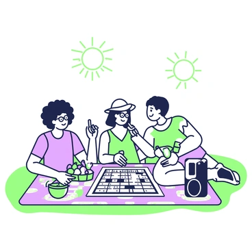 A group of three friends is seated on a picnic blanket spread out on the grass. One friend, who has curly hair, is holding a pencil and looking intently at the crossword puzzle laid out in front of them. Another friend, wearing glasses, is pointing at a clue while smiling, and the third friend is leaning back with a sun hat on, enjoying a drink. Surrounding them are a basket filled with fruits, a portable speaker, and a colorful picnic mat with a checkered pattern. The sun is shining brightly overhead, casting soft shadows on the picnic setting.