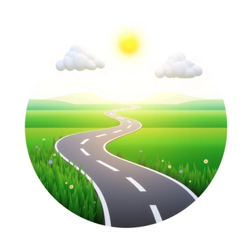 A rural road winding through green fields, surrounded by tall grass and wildflowers. The road gradually narrows and disappears into a dense haze in the distance. The sky is bright with a few fluffy white clouds, and a sun casts warm light over the scene, creating shimmering heat waves above the asphalt. The atmosphere appears thick with humidity, enhancing the sense of distance and heat.