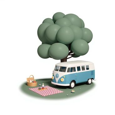 A classic Volkswagen van, painted in vibrant blue and white, is parked under a large green tree with a thick canopy. The van's headlights shine softly, and its distinctive round shape stands out against the natural surroundings. Below the tree, a colorful picnic blanket is spread out on the lush green grass. The blanket features a checkered pattern of red and white squares. Next to the blanket, a woven picnic basket sits open, filled with assorted fruits, sandwiches, and drinks, inviting a leisurely outdoor meal. A few wildflowers surround the blanket, adding to the cheerful atmosphere of the scene.
