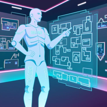 A holographic guide with a translucent, shimmering appearance, projecting a soft blue light. The guide has a humanoid form with glowing circuitry patterns running along its body, creating a futuristic look. It is surrounded by various high-tech gadgets and devices scattered throughout the escape room. The escape room itself is filled with sleek, metallic walls and interactive screens displaying puzzles and clues. The atmosphere is illuminated by ambient neon lights, highlighting the advanced technology present in the space. The guide is pointing towards a complex puzzle, offering hints to the participants actively solving the challenges around it.