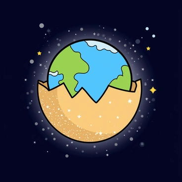 A small, round planet emerges from a large, cracked cosmic egg floating in the dark expanse of space. The planet is a vibrant blue and green, with swirls of clouds and patches of land visible on its surface. The egg is adorned with glittering stars and cosmic dust, creating a sparkling effect. Light emanates from the cracks of the egg, casting a soft glow on the surrounding space. Tiny meteorites can be seen drifting by in the background, adding to the sense of movement and wonder in this celestial scene.