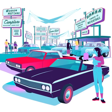 A lively retro-themed rally taking place on a sunlit street lined with classic cars in vibrant colors. The cars include a bright red Mustang, a sleek black Cadillac, and a pastel blue Volkswagen Beetle. Each car is polished and gleaming, showcasing their vintage designs. Scattered throughout the scene are various vintage signs advertising local businesses, featuring bold typography and nostalgic graphics. Spectators dressed in retro attire, including high-waisted shorts and polka dot dresses, gather around enjoying the atmosphere. Banners flutter in the gentle breeze, adding to the festive ambiance of the rally.
