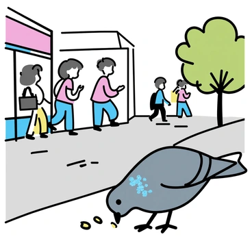 A gray city pigeon, with iridescent feathers on its neck, is pecking at small crumbs scattered on a busy sidewalk. The sidewalk is made of grey concrete, showing scuff marks and patches of dirt. In the background, blurred figures of pedestrians walk by, some engaged in conversation while others are looking at their phones. A few colorful storefronts are visible along the sides of the street. The scene captures the urban environment, with a hint of green from a small tree growing nearby.