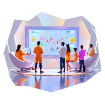 A futuristic scene showcasing a cryptocurrency exchange platform set in a sleek, high-tech environment. The central focus is a large digital screen displaying real-time cryptocurrency prices with colorful graphs and charts. Surrounding the screen are multiple people of diverse backgrounds, some interacting with holographic interfaces, while others are engaged in discussions. The setting includes modern furnishings, bright LED lights, and a glossy, reflective floor, emphasizing the advanced technology of the space. "Cryptocurrency Exchange" is prominently displayed on the screen in bold letters.