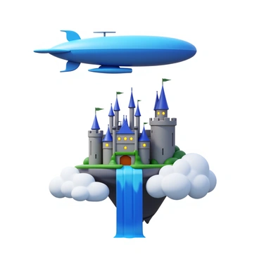 An airship with a sleek design and billowing sails is soaring through the sky. Below, a mystical castle with tall spires and intricate architecture is perched on a floating island. The island is surrounded by fluffy clouds, providing a sense of height and adventure. The castle's walls are adorned with glowing runes, and a waterfall cascades from the edge of the island, disappearing into the clouds below. The scene captures the wonder of the airship's journey above this enchanting landscape.