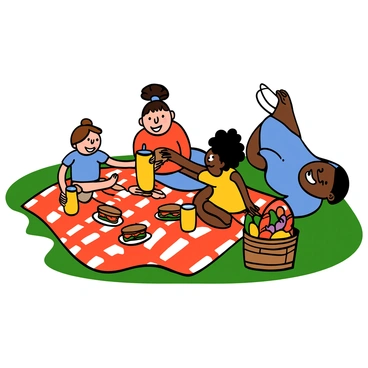 A family picnic scene on a sunny day featuring a vibrant red-checkered blanket spread out on the grass. On the blanket, there are neatly arranged sandwiches with various fillings and a pitcher of lemonade with glasses beside it. Two children, one with light skin and brown hair wearing a blue t-shirt, and another with dark skin and curly hair wearing a yellow dress, are happily reaching for sandwiches. A light-skinned woman with big eyes and brown hair in a ponytail is sitting on the blanket, smiling as she watches the children. A dark-skinned man with big eyes is lying back on the blanket, enjoying the sunshine. Nearby, a basket filled with fruits and snacks adds to the picnic atmosphere.