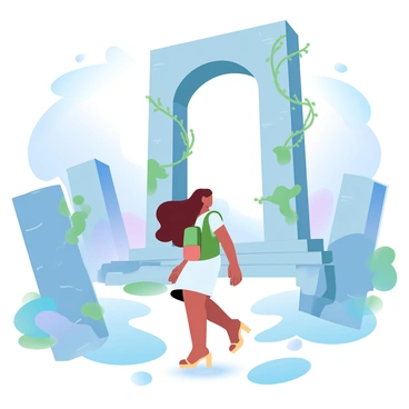 A woman with long hair is walking among ancient ruins made of large stone blocks covered in moss. She is dressed in a light, flowing dress and has a small backpack slung over one shoulder. Surrounding her are tall, weathered columns and fragments of sculptures that hint at a long-lost civilization. Sunlight filters through the trees above, casting soft shadows on the ground. A large archway stands prominently in the background, partially obscured by creeping vines.