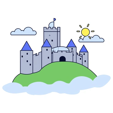 A grand medieval castle with tall stone towers and a large central keep. The castle is perched atop a green hill, with thick walls and battlements visible. Surrounding the castle is a layer of mist that partially obscures the lower sections of the hill. The sky above is cloudy, with hints of sunlight breaking through the clouds, illuminating parts of the castle's facade.