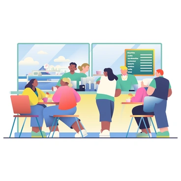 A small cafeteria is located inside a ferry terminal, filled with travelers sipping coffee. The cafeteria features wooden tables and chairs, with some patrons seated at the tables, engaged in conversation. A large window behind the counter offers a view of the ferry dock outside. Brightly colored coffee cups are placed on the tables, and a chalkboard menu hangs on the wall, listing various coffee options. A barista with dark hair is preparing drinks at the counter, while a couple of travelers are waiting in line. The atmosphere is lively with a sense of movement as people come and go.