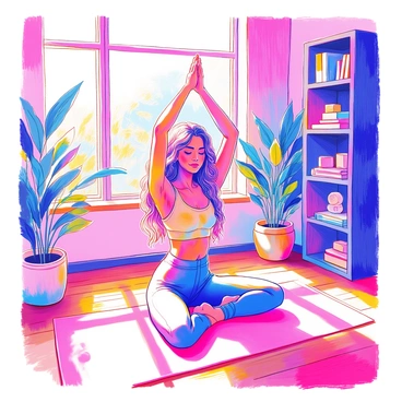 A celebrity with long flowing hair is performing a yoga pose in a peaceful studio. The studio has wooden flooring and large windows that allow natural light to stream in. Various indoor plants are positioned around the space, enhancing the calm atmosphere. The celebrity is dressed in comfortable yoga attire, and a yoga mat is laid out beneath them. In the background, there are shelves filled with yoga accessories, such as blocks and straps, contributing to the environment of tranquility.