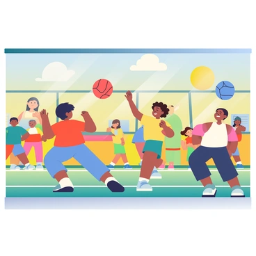 A large, colorful mural is painted on the side of a school building. The mural features a dynamic dodgeball scene with several children engaged in a game. In the foreground, a boy with dark hair is dodging to the side, his arms raised as a bright red dodgeball flies past him. Nearby, a girl with curly brown hair is preparing to throw a blue dodgeball, her expression focused and determined. Other children can be seen in the background, some cheering, while others are poised to catch or throw. The mural is vibrant, with a variety of colors including bright yellows, blues, and reds, creating an energetic atmosphere that captures the excitement of the game. A sunny sky with fluffy white clouds fills the upper part of the mural, adding to the lively scene.