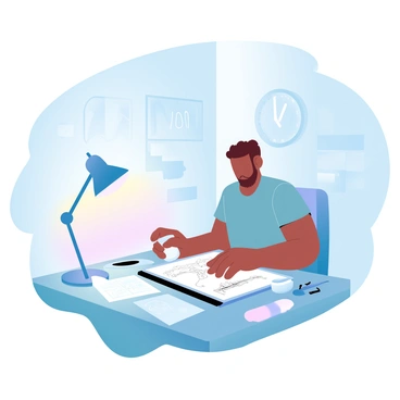 An illustrator is seated at a cluttered desk covered with sketches and art supplies. The room is dimly lit, with a single desk lamp casting a warm glow over the workspace. The illustrator appears focused, with hands moving quickly over a drawing tablet. Papers are scattered around, some crumpled, and an empty coffee cup sits nearby. A large wall clock behind the illustrator shows time ticking away, hinting at the deadline. Shadows stretch across the walls, adding depth to the scene.