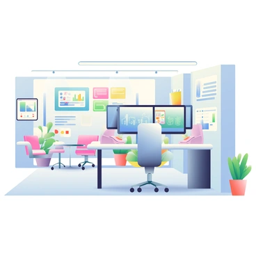 A futuristic IT office is designed with sleek, minimalist furniture and bright LED lighting. The walls are adorned with large smart screens displaying various digital interfaces, showcasing charts, data analytics, and communication tools. A central workstation features a glossy, white desk with a high-tech computer equipped with multiple monitors. In the background, there are futuristic chairs with ergonomic designs and a small meeting area with a round table. The floor is finished with polished concrete, and there are potted green plants placed strategically around the office to add a touch of nature.