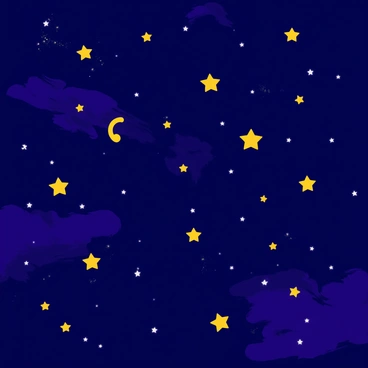 A vast galaxy filled with deep blue and purple hues, showcasing countless stars scattered across the expanse. Each star is uniquely shaped, resembling different punctuation marks such as commas, periods, exclamation points, and question marks. These punctuation mark stars twinkle brightly against the dark backdrop of space, creating a whimsical and playful atmosphere. Wisps of white clouds, representing distant cosmic dust, weave through the galaxy, enhancing the magical scene.