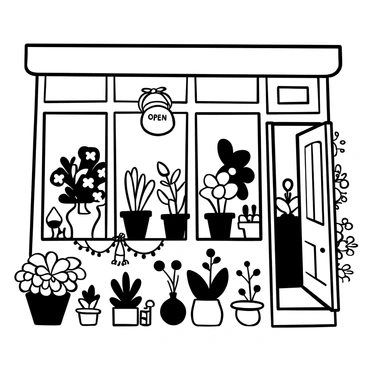 A quaint flower shop with a large window showcasing various bouquets arranged in elegant vases. There are potted plants of different sizes and shapes lining the window sill, with some trailing vines cascading over the edges. The shop's door is made of wood, and a small sign hangs above it with the words "Open" written on it. The interior is partially visible, filled with more flowers and gardening tools.