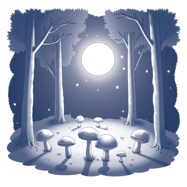 A forest clearing illuminated by soft moonlight. In the center, there is a distinct ring of mushrooms, each one with visible gills and various sizes. The mushrooms have rounded caps and textured stems. Surrounding the clearing, tall trees with intricate bark patterns stretch up towards the night sky, their leaves rustling gently. The ground is covered with a layer of fallen leaves and patches of grass peeking through. The atmosphere is tranquil, with a few twinkling stars visible above the tree canopy.