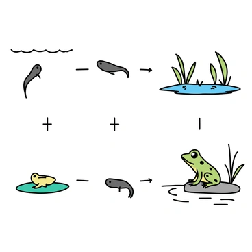 A series of four images depicting the growth stages of a tadpole transforming into a frog. The first image shows a small, dark gray tadpole with a long tail swimming in clear water among green aquatic plants. The second image features a larger tadpole, with developing legs just starting to emerge from its body, positioned near the water's surface. The third image illustrates a froglet, with fully formed legs and a shortened tail, sitting on a lily pad, blending in with the vibrant green leaves. The final image displays an adult frog, featuring bright green skin with darker spots, perched on a rock by the water's edge, surrounded by a natural setting of grasses and reeds.