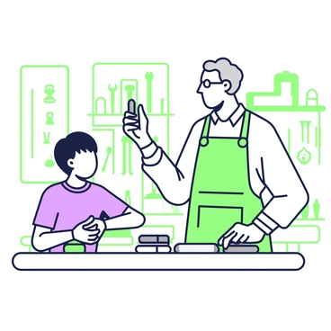 An older mentor with gray hair and glasses stands beside a young apprentice. The mentor is wearing a work apron and has a thoughtful expression. In their hands, both of them hold small iron tools, with the mentor using a tool to demonstrate a technique. The apprentice, with short hair and a focused look, observes closely while also holding a tool. They stand in a workshop filled with various tools and materials, with a wooden workbench in front of them and shelves with additional tools in the background.