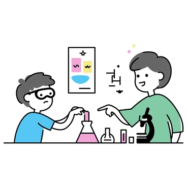 A child, wearing a blue t-shirt and safety goggles, is pouring a red liquid from a small beaker into a larger glass container. The parent, dressed in a green shirt, stands beside the child, pointing at the container with an encouraging expression. The table is covered with various science tools, including a microscope and a few test tubes. Nearby, there are colorful charts displaying scientific concepts. The background is simple and uncluttered, focusing on the interaction between the child and parent.