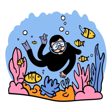 A diver with light skin and short black hair is swimming through a colorful coral reef underwater. The diver is wearing a black wetsuit and a clear mask, with bubbles rising around them. Surrounding the diver are various coral formations in shades of pink, orange, and blue. Numerous fish of different shapes and sizes are swimming peacefully near the coral, showcasing bright colors like yellow, blue, and striped patterns. Sunlight filters down from the surface, illuminating the underwater scene and adding a sense of depth.