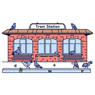 An old train station with a weathered brick exterior and a rusty metal roof. The large, arched windows are dusty, and the wooden benches are cracked and empty. Scattered around the station are several gray pigeons, some pecking at the ground while others are perched on the benches and ledges. Overhead, a faded sign reading "Train Station" hangs askew. The platform is empty, with weeds pushing through the cracks in the pavement.