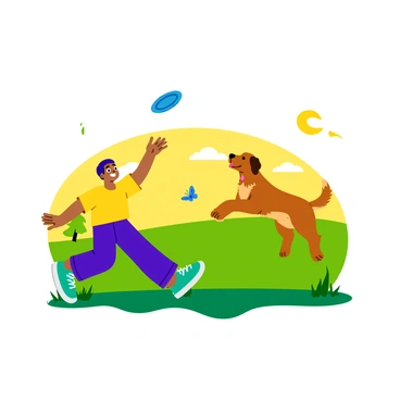 A child wearing a bright yellow t-shirt is throwing a colorful frisbee to their playful dog. The dog, a golden retriever with a shiny coat, leaps into the air with its ears flapping. They are in a sunny park filled with green grass and a few scattered trees in the background. The sun casts a warm glow over the scene, highlighting the joyful expressions on both the child and the dog. A couple of butterflies flutter around, adding a sense of lively movement to the atmosphere.