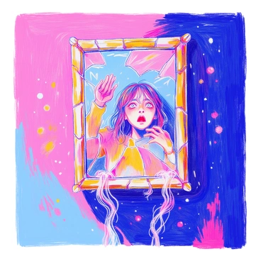 A cracked mirror hangs on the wall, with jagged shards reflecting a distorted image of a person. The broken pieces create a surreal effect, warping the features of the individual. The person has long hair and an expression of surprise or fear. Around the mirror, a dim light casts eerie shadows, enhancing the unsettling atmosphere. There are faint hints of mist swirling around the base of the mirror, suggesting supernatural elements.