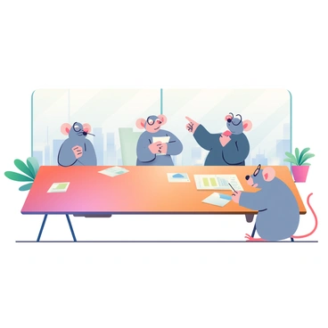 A group of five gray rats is gathered around a long, polished wooden boardroom table. Each rat has distinct features, with one wearing a tiny pair of glasses and another holding a small notepad in its paws. Papers and a few scattered documents are spread across the table, which reflects light in a subtle manner. The background includes a large window showing a cityscape, and a potted plant sits in one corner of the room. The rats appear engaged in discussion, with one standing up to point at a chart on the table.