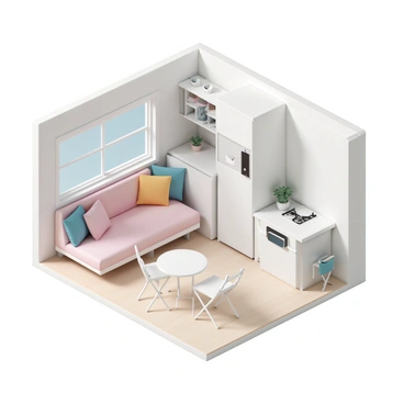 An isometric view of a tiny house interior, featuring a compact living area with a light-colored wooden floor. The walls are painted in a soft, neutral tone, creating a bright atmosphere. There is a multifunctional sofa that converts into a bed, adorned with colorful throw pillows. Beside the sofa, a small, round coffee table is positioned. A dining table, which can be folded down, is attached to the wall, accompanied by two foldable chairs. In one corner, a compact kitchen area is visible, equipped with a small refrigerator, a two-burner stove, and open shelving displaying dishes and utensils. Natural light streams in through a large window, showcasing a small potted plant on the windowsill. The space is efficiently designed, demonstrating clever storage solutions with shelves and cabinets integrated into the walls.
