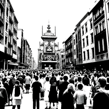 A vibrant parade is taking place through Ninjago City. The scene is filled with large, intricately designed floats representing various themes, each float towering over the crowd. People of different ages and backgrounds are gathered along the streets, some waving and cheering. The buildings of Ninjago City flank the parade route, showcasing their unique architectural styles. The sky above is clear, allowing the sunshine to illuminate the festivities. Participants in colorful costumes are dancing and performing on the floats, bringing energy and excitement to the atmosphere. "Ninjago Parade" is displayed prominently on one of the floats.