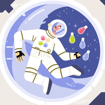An astronaut in a white space suit is floating inside a spaceship, with the interior featuring sleek silver walls and large windows showcasing a starry background. The astronaut, with a clear helmet reflecting the stars, reaches out towards several small, colorful ampoules that are gently drifting in the zero gravity environment. Each ampoule is a different color, including blue, green, and red, sparkling as they catch the light. The astronaut's gloved hand is poised just near a vibrant blue ampoule, highlighting the sense of discovery in this vast, weightless expanse.