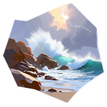 A dramatic scene depicting a stormy sea with towering waves crashing against jagged rocks. The sky is filled with dark, ominous clouds, and flashes of lightning illuminate the tumultuous waves. The water is a deep blue-green, frothing at the crests where the waves meet the rocky shoreline. The jagged rocks are wet and glistening, with water splashing high as the waves collide. The overall atmosphere conveys the power and fury of nature in this chaotic coastal setting.