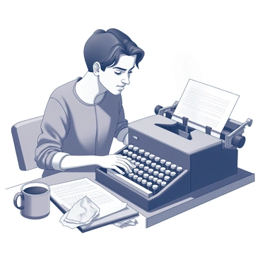 An author is seated at a vintage typewriter, their fingers resting on the keys with a look of concentration on their face. The writer has a slight furrow in their brow, eyes gazing off into the distance as if envisioning their next story. A scattered pile of crumpled papers rests on the desk next to the typewriter, indicating previous attempts at capturing their ideas. The room is dimly lit, with shadows cast around, adding to the atmosphere of deep contemplation. A warm cup of coffee sits nearby, steam rising gently from it, suggesting a long session of creative work.
