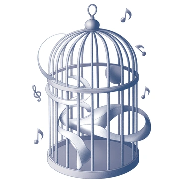 A cage made entirely of intricate musical notes intertwined with each other. The notes are arranged to form the structure of the cage, creating gaps and openings that allow for a glimpse inside. The cage appears to be resonating, as if it is alive with the sound of melodies. Additional musical symbols, such as clefs and rests, are scattered around the cage, enhancing its musical theme. The overall composition gives an impression of movement and sound, as if the notes are vibrating harmoniously within their confines.