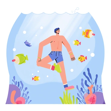An artistic rendition of a person doing fire hydrant exercises as if under the sea surrounded by fish