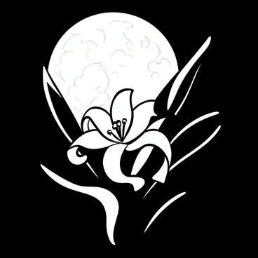 A white lily positioned elegantly in the foreground, with petals unfurling gracefully. The lily is surrounded by dark green leaves that contrast with its pristine appearance. In the background, a full moon casts a gentle light, illuminating the scene and creating soft shadows around the lily. The moon's surface is detailed, reflecting its craters and texture. The overall composition emphasizes the serene beauty of the lily against the night sky.