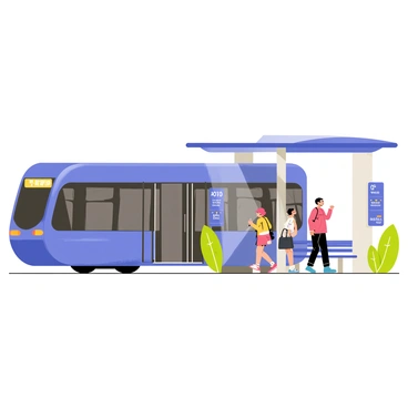 An autonomous bus with a streamlined design, painted in bright blue, is stopping at a sleek, modern bus stop made of glass and metal. The bus has large windows that showcase the interior, which is spacious and well-lit. Several passengers, including a young woman with a backpack and an elderly man with a cane, are approaching the bus. The bus stop features digital screens displaying arrival times and route information. Nearby, there are green plants and urban benches, contributing to the modern atmosphere of the scene.