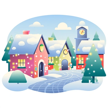 A charming winter village is set under a clear blue sky, with soft white clouds drifting above. The buildings have colorful facades, each adorned with twinkling lights that glow softly in the evening. Snow-covered rooftops blanket the houses, reflecting the warm light from the decorations. In the foreground, a cobblestone street winds through the village, with light snowflakes gently falling from the sky. Several evergreen trees, dusted with snow, stand tall along the street, their branches also adorned with sparkling lights. In the distance, a large clock tower stands, its face illuminated, adding to the festive atmosphere of the village.