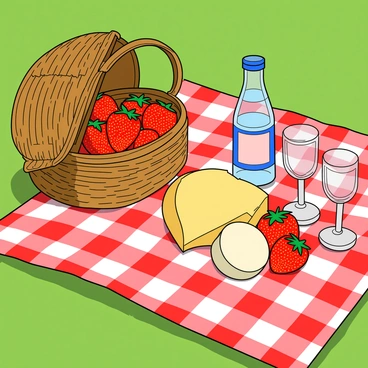 A vibrant picnic setup on a green grass blanket. The scene features a red and white checkered picnic blanket spread out on the grass. There is a wicker basket partially opened, revealing a selection of gourmet cheeses, including a round brie and a block of sharp cheddar. Juicy, fresh strawberries are arranged beside the cheeses, their red hues contrasting beautifully with the white and yellow of the cheese. Nearby, a crystal-clear bottle of sparkling water rests on the blanket, alongside two glasses. The sun casts soft shadows, adding a warm glow to the scene.