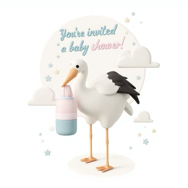 A baby shower invitation designed with a large, elegant "stork" standing prominently at the center. The stork has white feathers with black wing tips and long, slender legs. It is holding a "bundle" wrapped in a soft pastel-colored blanket, suspended from its beak. The background of the invitation is adorned with light pastel-colored clouds and small stars. The text on the invitation reads, "You're invited to a baby shower!" in a playful, cursive font, positioned at the top. At the bottom, details such as the date, time, and location are clearly laid out in a neat and readable format.