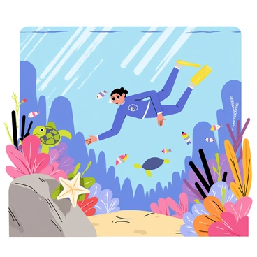 A diver wearing a bright blue wetsuit is swimming through a vibrant coral reef. The reef is teeming with colorful corals in shades of pink, orange, and purple. Schools of small, multicolored fish dart around the diver, creating a lively scene. Large sea turtles glide gracefully nearby, and a starfish is clinging to a rock in the foreground. Sunlight filters through the water, illuminating the coral and casting dappled light patterns on the sandy ocean floor.