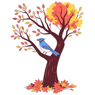 A blue jay is perched on a thick tree branch. The branch is adorned with vibrant orange and yellow autumn leaves, creating a colorful backdrop. The blue jay has a striking blue plumage with white and black markings, and it is looking intently at its surroundings. Below the branch, a carpet of fallen red and gold leaves covers the ground, adding to the autumn atmosphere.