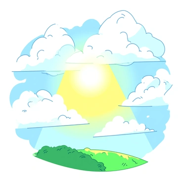 A scene where clouds are parting to reveal a bright, warm light shining down from above. The sky is filled with fluffy white clouds, some of which are illuminated by the sunlight breaking through. The radiant light cascades downward, creating a soft halo effect around it. Below, there is an open landscape with lush green grass that is gently illuminated by the warm light. The overall atmosphere conveys a sense of calm and hope, as the light shines through the gaps in the clouds.