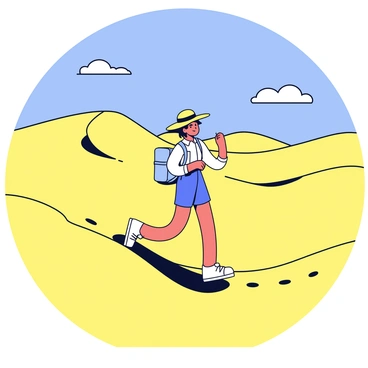A woman trekking through a vast desert landscape. She is wearing a wide-brimmed hat and carrying a small backpack. The dunes in the background are tall and smooth, their curves creating shadows in the golden sand. The sky above is bright blue with a few scattered clouds. The woman's feet leave tracks in the soft sand as she walks.