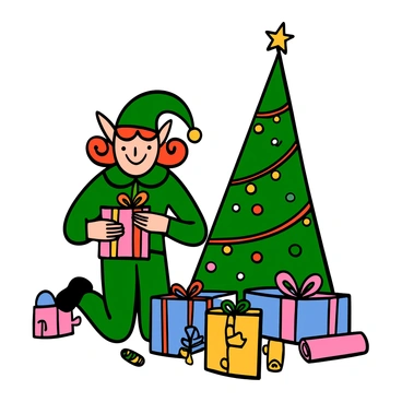 A pin-up girl with light skin and red wavy hair styled in curls is kneeling next to a decorated Christmas tree. She is wearing a festive elf costume with green and red colors, complete with a pointy hat and jingle bells. The tree is adorned with colorful ornaments and twinkling lights. She is wrapping gifts in shiny paper and ribbons, with a cheerful smile on her face. There are scattered presents around her, and a few rolled-up gift wrap tubes lie nearby, adding to the festive atmosphere.