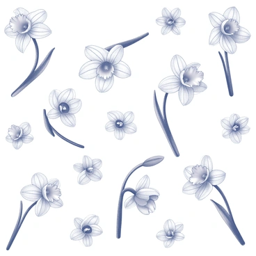 A repeating pattern of "daffodils" arranged in a harmonious design. The flowers are depicted with detailed petals and elongated stems, showcasing their distinctive trumpet shape. The background features a subtle, textured design that complements the daffodils, enhancing the overall aesthetic suitable for wallpaper. The pattern is uniform, with the flowers evenly spaced, creating a balanced and visually appealing composition.