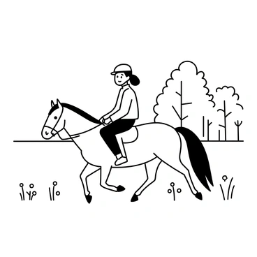 A person named Lou is riding a gentle horse across a lush field. The horse is a calm, sturdy animal with a smooth mane. Lou is wearing a fitted riding hat and a comfortable riding jacket. The field is dotted with wildflowers, and tall grass sways gently in the light breeze. In the background, there are a few trees with a detailed texture, and a clear sky overhead.