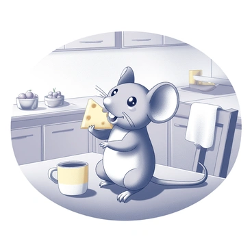 A tiny mouse is sitting on its hind legs, happily nibbling on a piece of cheese. The mouse has soft, round features with large ears and bright eyes. It is located on a wooden kitchen countertop, surrounded by various kitchen items such as a ceramic mug and a small cutting board. The kitchen has a warm and inviting atmosphere, with wooden cabinets and a soft cloth draped over a nearby chair. There is a bowl of fruit in the background, adding to the cozy feel of the scene.